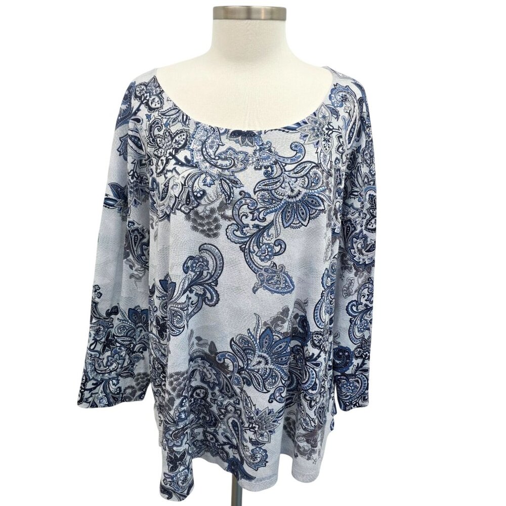 One World Tunic Womens 2X Blue/Gray Paisley‎ Print Embellished Scoop Neck Boho